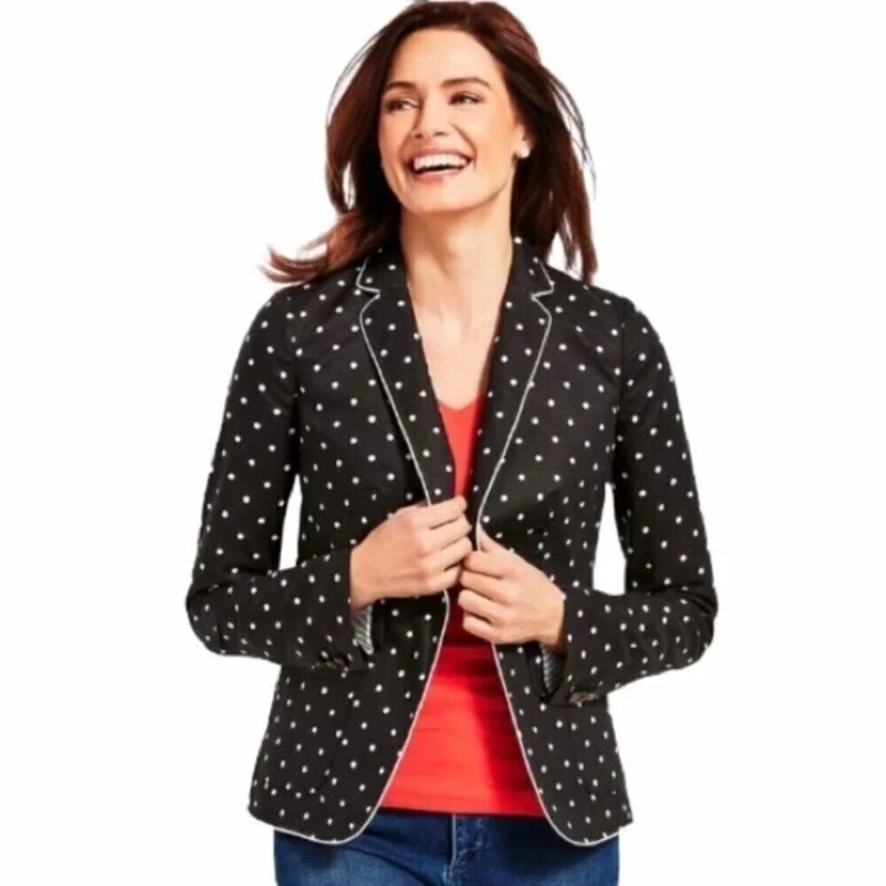 Talbots Linen Blend Polka Dot Blazer Black White Single One Button Womens 6